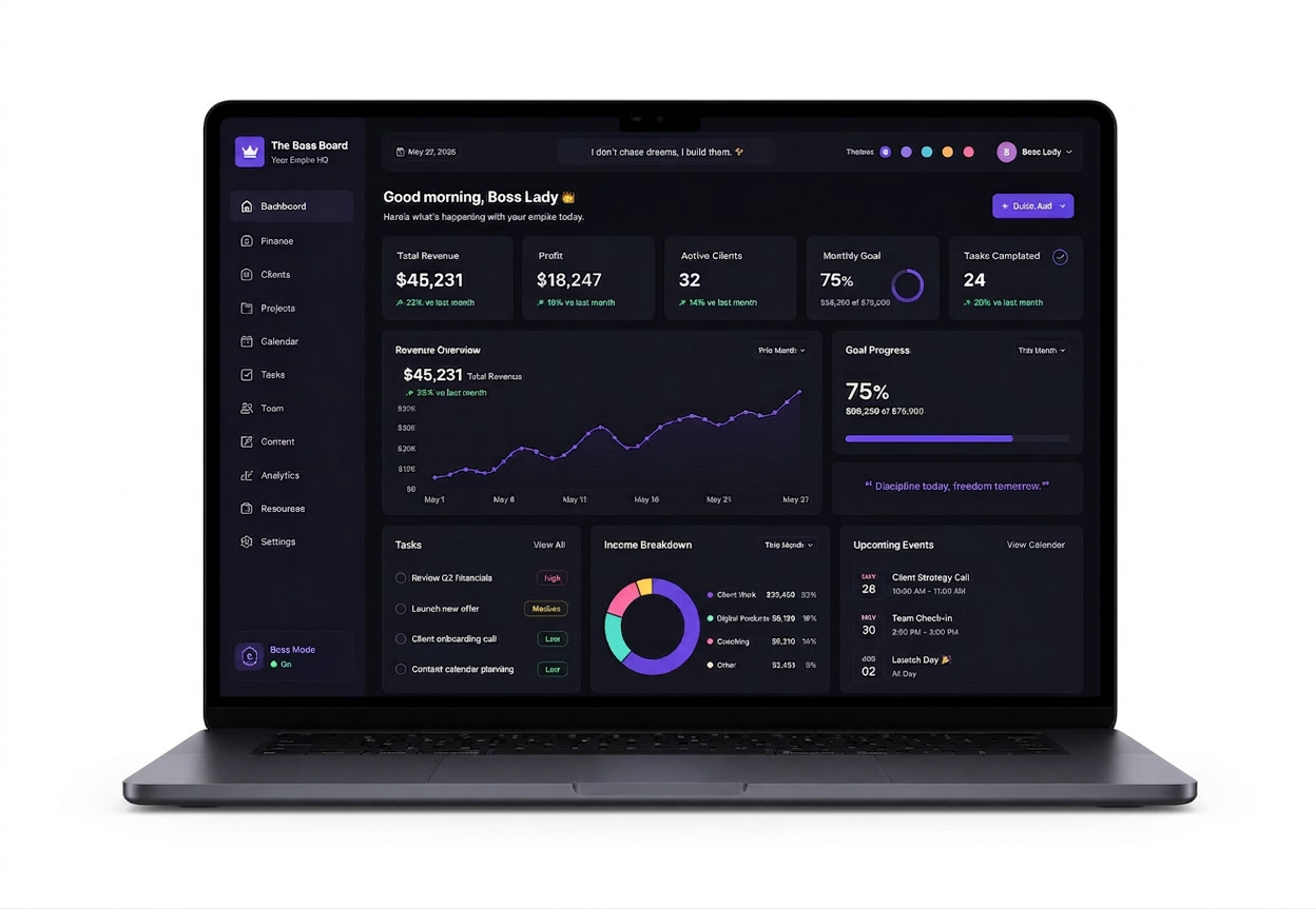 The Boss Board dashboard shown on a laptop, with revenue, goals, tasks and calendar in one view